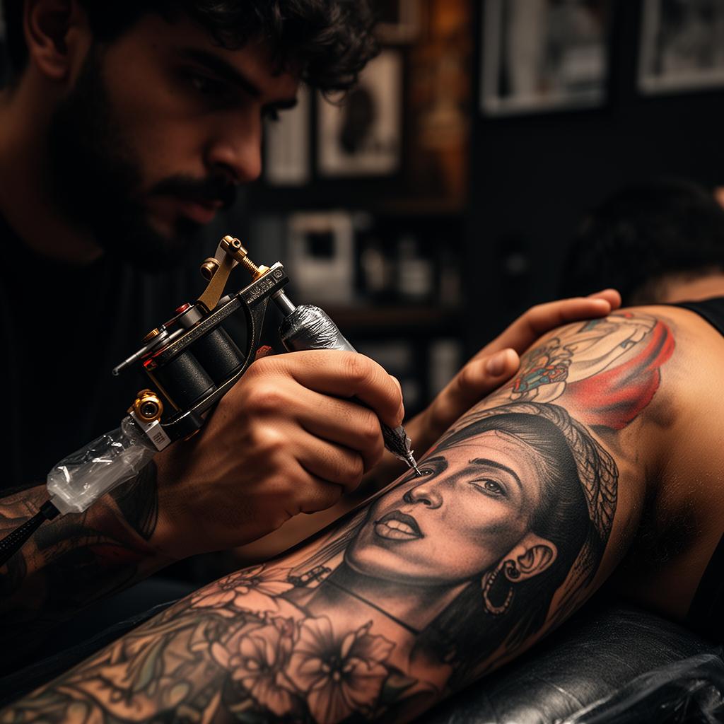 Tatuador brasileiro trabalhando em estúdio na Espanha